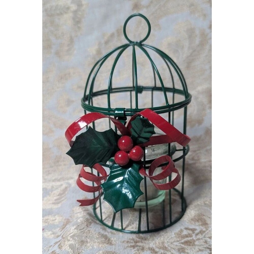 Metal Christmas Bird Cage Tea Light Holder with Mistletoe